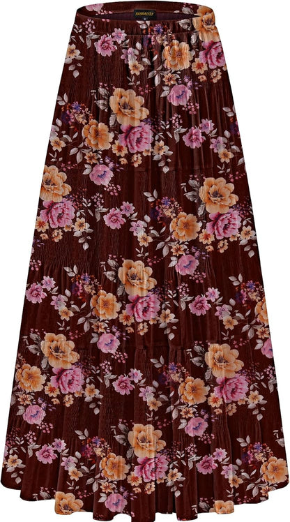 Chiffon Maxi Skirt for Women - High Waist Pleated A-Line Flared Long Skirt Wine Red Floral