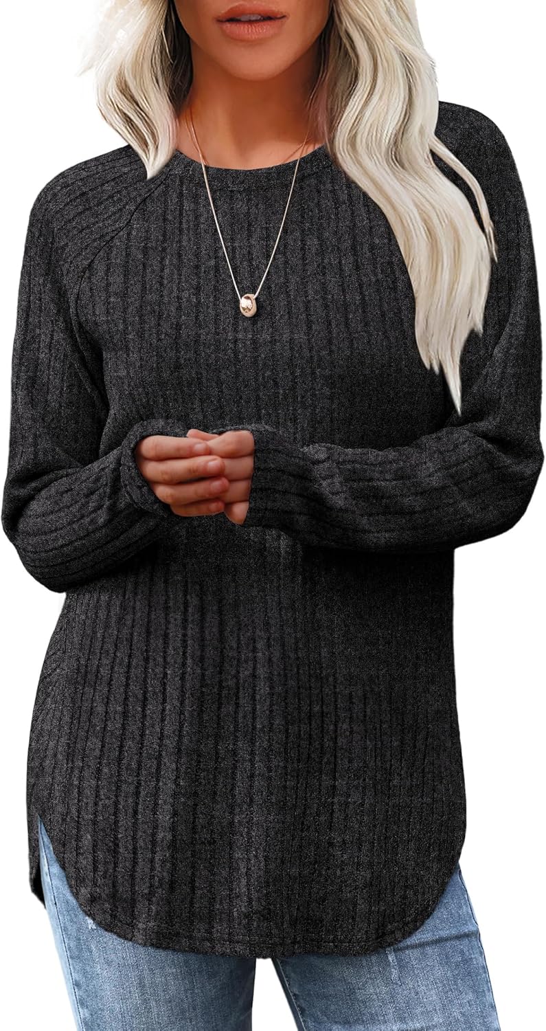 Women's Long Sleeve Tunic Tops - Loose Fit Crewneck Pullover with Curved Hem