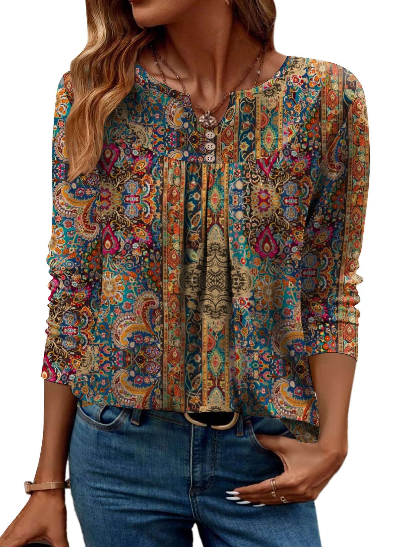 Women Long Sleeve V Neck Blouse - Casual Dressy Work Tunic Top with Pleated Detail 2025 A01-ethnic Style