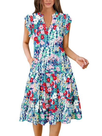 Blue Casual Dresses - Women's Summer Midi Dress - Ruffle Sleeve V-Neck Boho Beach Dress Navy Floral