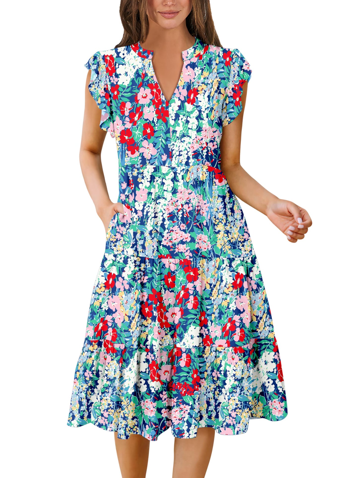 Blue Casual Dresses - Women's Summer Midi Dress - Ruffle Sleeve V-Neck Boho Beach Dress Navy Floral