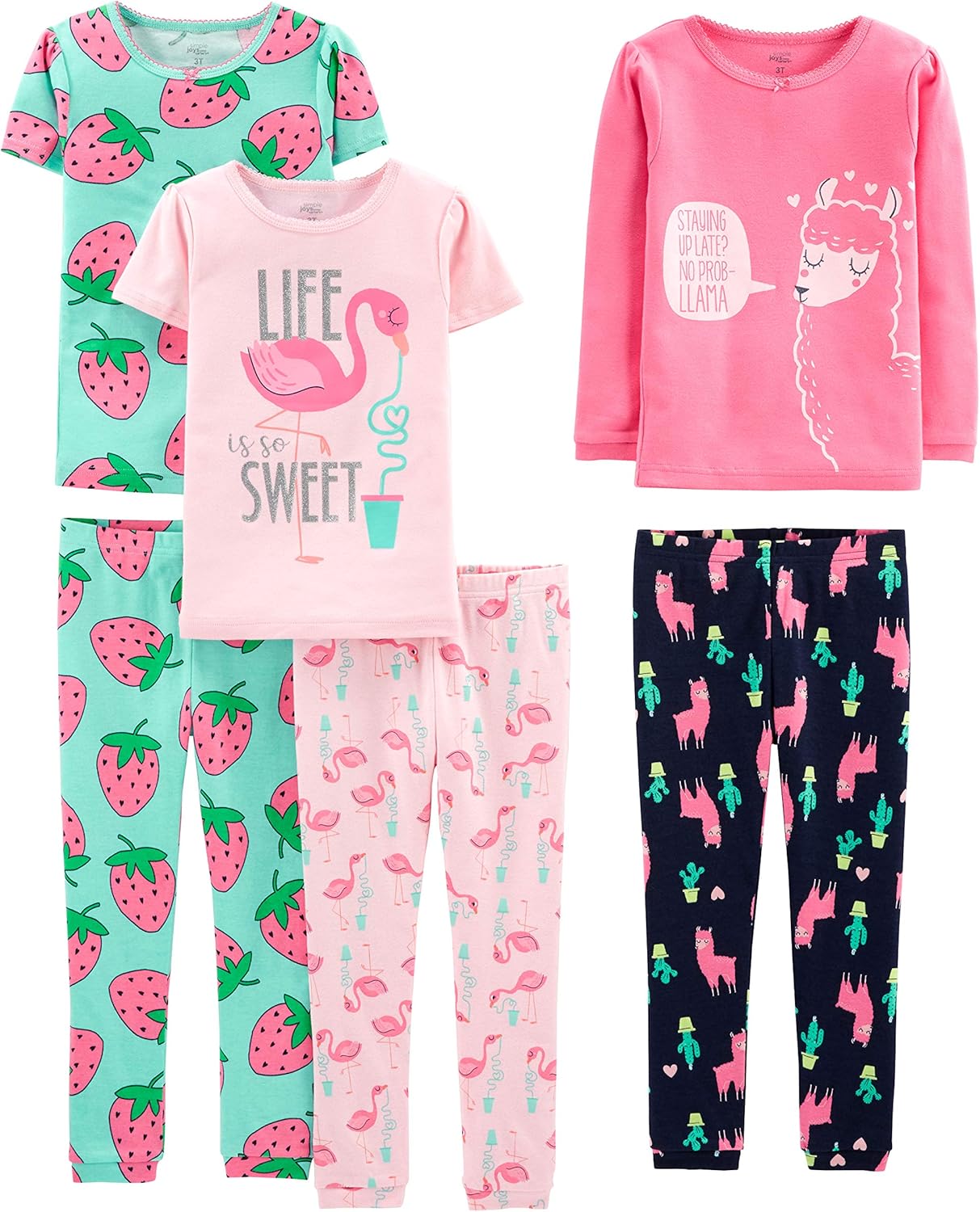 Girls Cotton Pajama Set 6-Piece - Snug Fit PJ Pack for Babies Toddlers Green Strawberries Pink Flamingo Rose Llama Print Navy