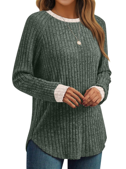 Women's Long Sleeve Tunic Tops - Dressy Casual Color Block Sweaters Green 02
