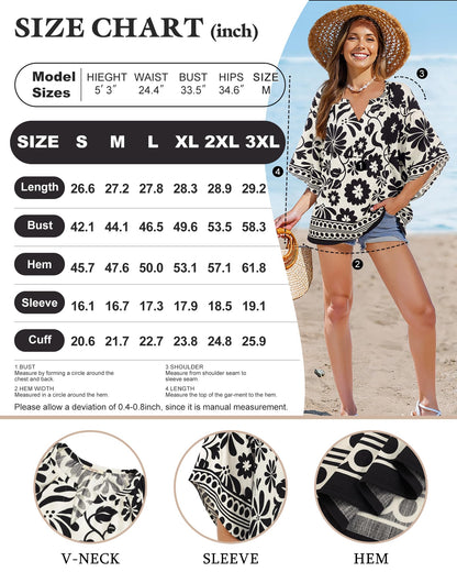 Big & Tall Clothing - Women's 3/4 Sleeve V-Neck Bohemian Peasant Blouse Loose Fit Tunic Top