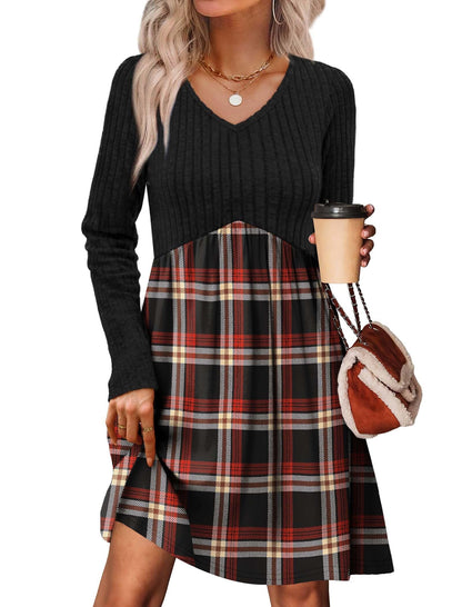 Women's Long Sleeve Sweater Dress - V Neck Empire Waist Babydoll Dress with Pockets