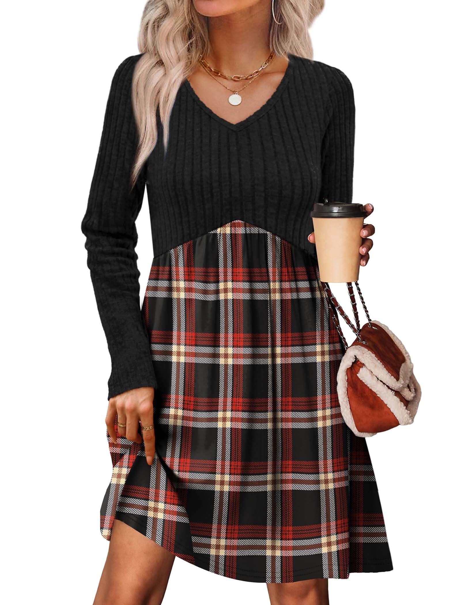 Women's Long Sleeve Sweater Dress - V Neck Empire Waist Babydoll Dress with Pockets