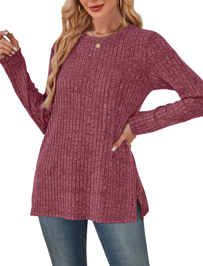 Women's Crewneck Sweater with Pockets - Long Sleeve Tunic Top with Side Slits