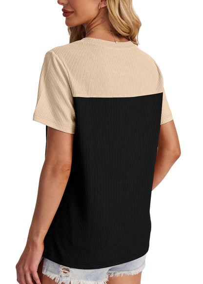 Women's Color Block Knit Shirt Short Sleeve Crewneck Top