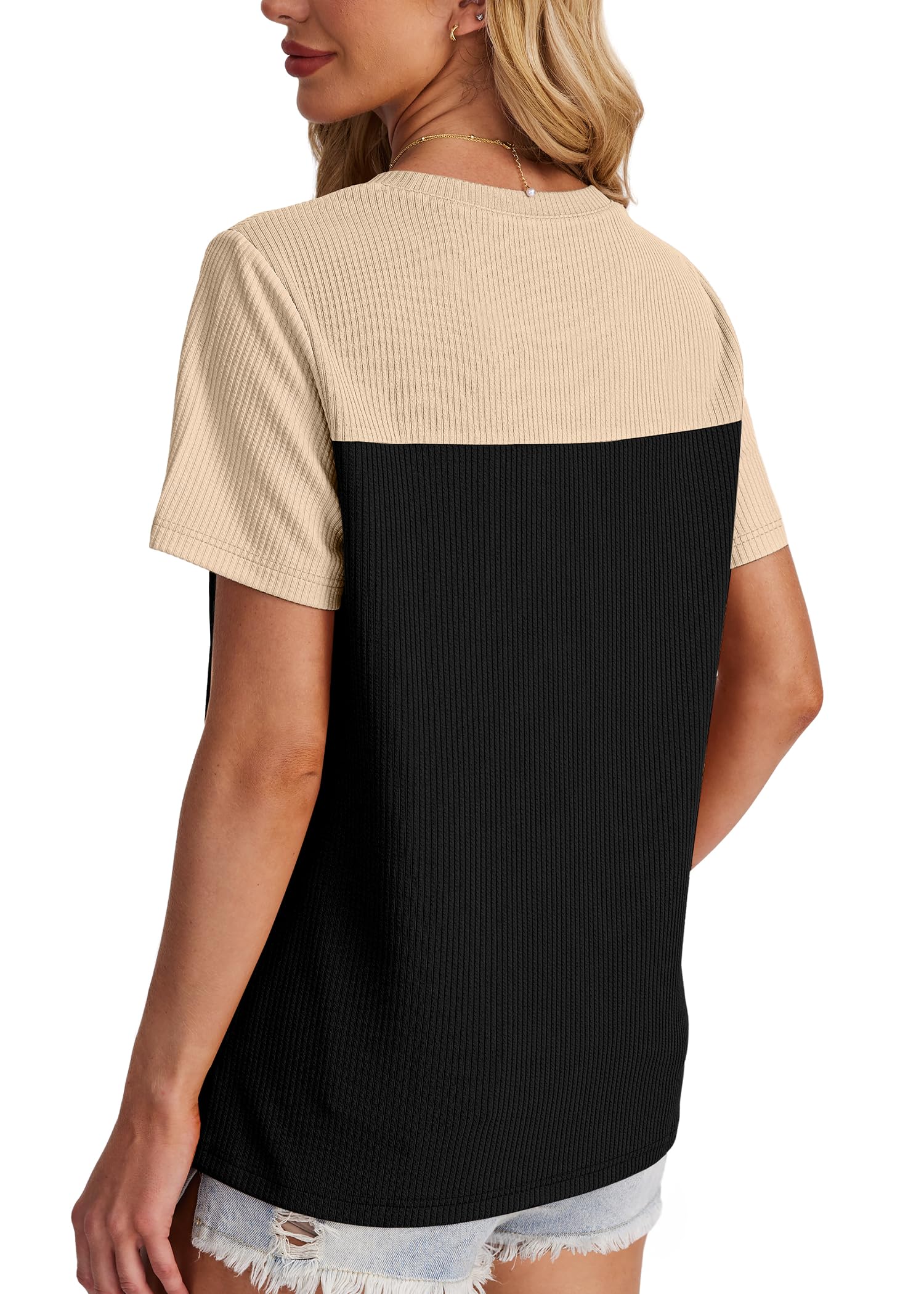 Women's Color Block Knit Shirt Short Sleeve Crewneck Top