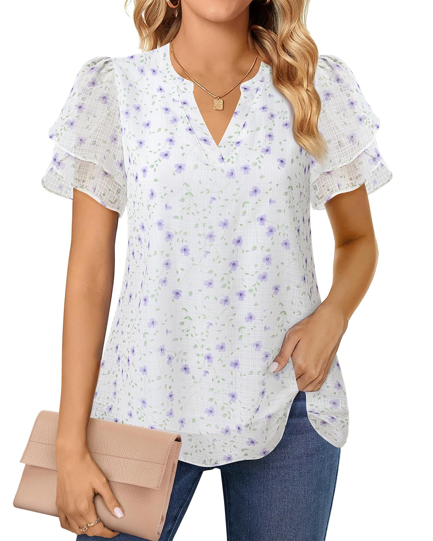 Polyester Blouses - Women's Chiffon Blouse V-Neck Puff Sleeve Summer Top for Work and Casual Wear