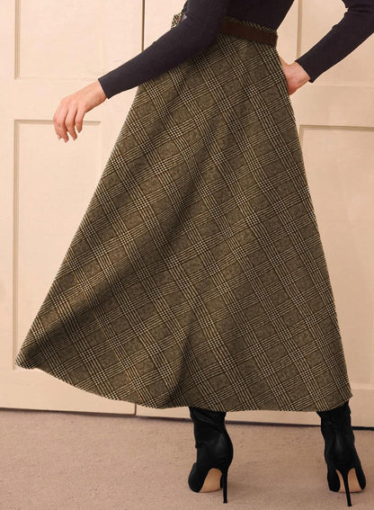 Women's Plaid Skirts - High Waist A-Line Midi Tartan Skirt with Pockets