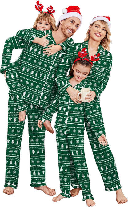 Christmas Family Matching Pajamas - Long Sleeve Button Down PJ Set Dark Green Snowflake