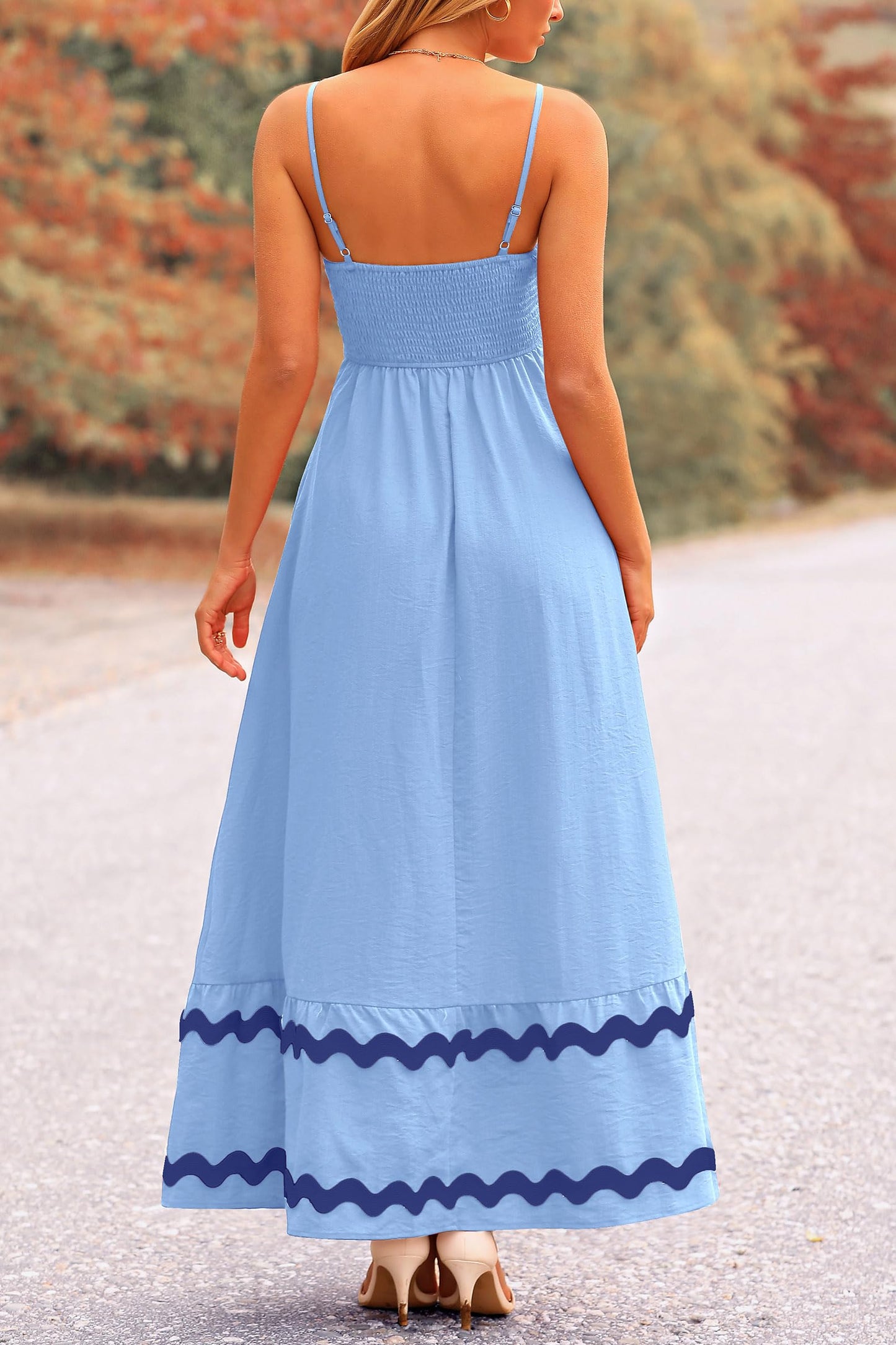 Blue Casual Dresses - Women's Sleeveless Spaghetti Strap Maxi Dress - Flowy Beach Ruffle