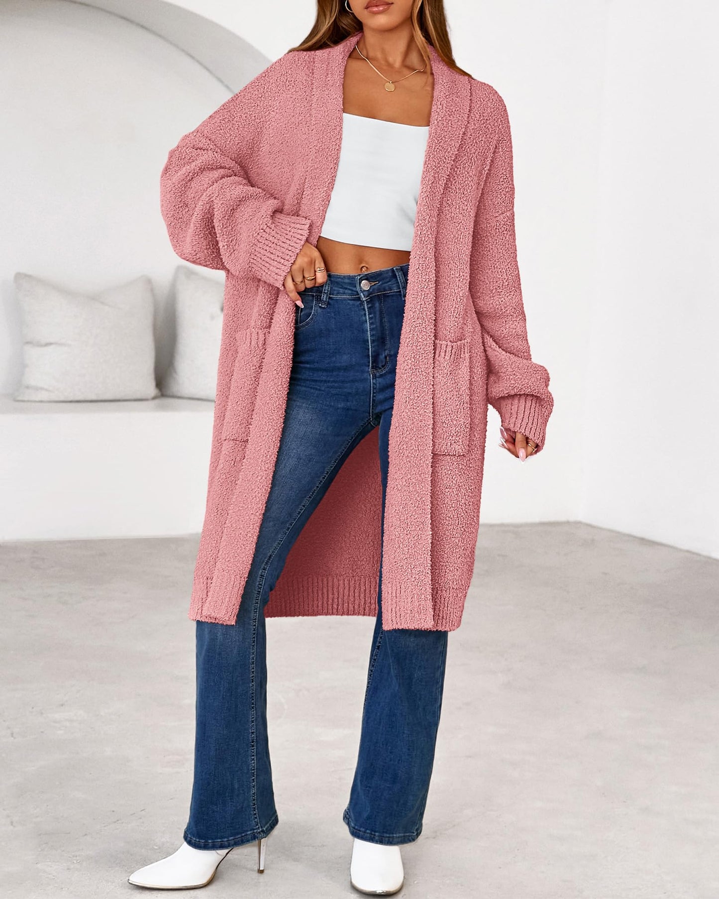 Women's Long Cardigan Sweater - Open Front Oversized Knit Coat with Pockets