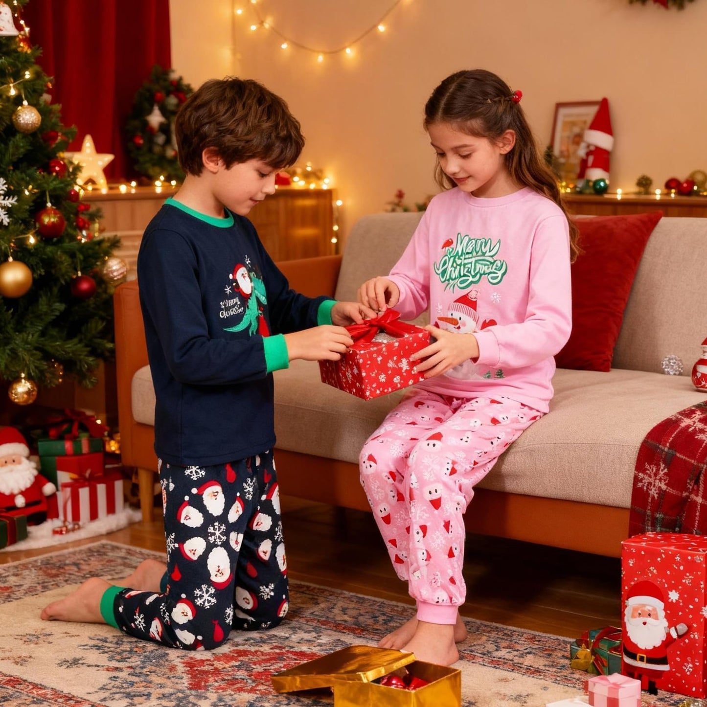 Tphon Kids Christmas Pajamas Sets Santa Claus Dinosaur Sleepwear Long Sleeve PJS Set for Boys Girls 2-12 Years