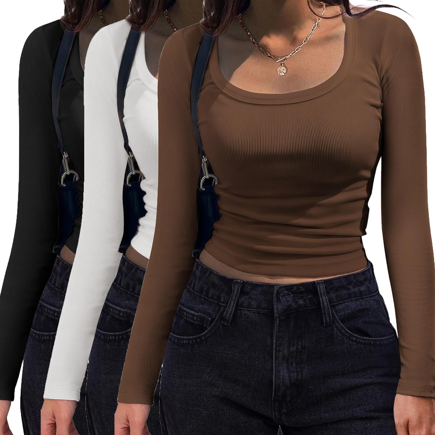 Women's Long Sleeve Scoop Neck Shirt Slim Fit Rib Knit Top