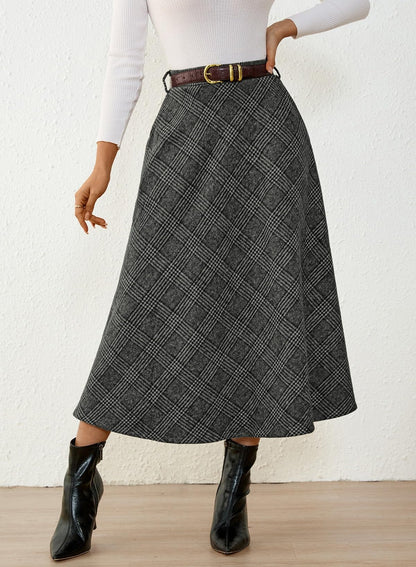 Women's Plaid Skirts - High Waist A-Line Midi Tartan Skirt with Pockets