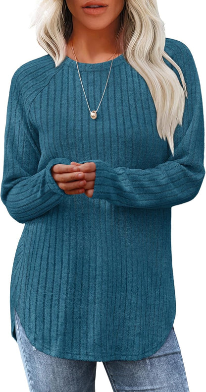 Long Sleeve Tunic Top for Women - Loose Fit Pullover with Curved Hem Turquoise Blue