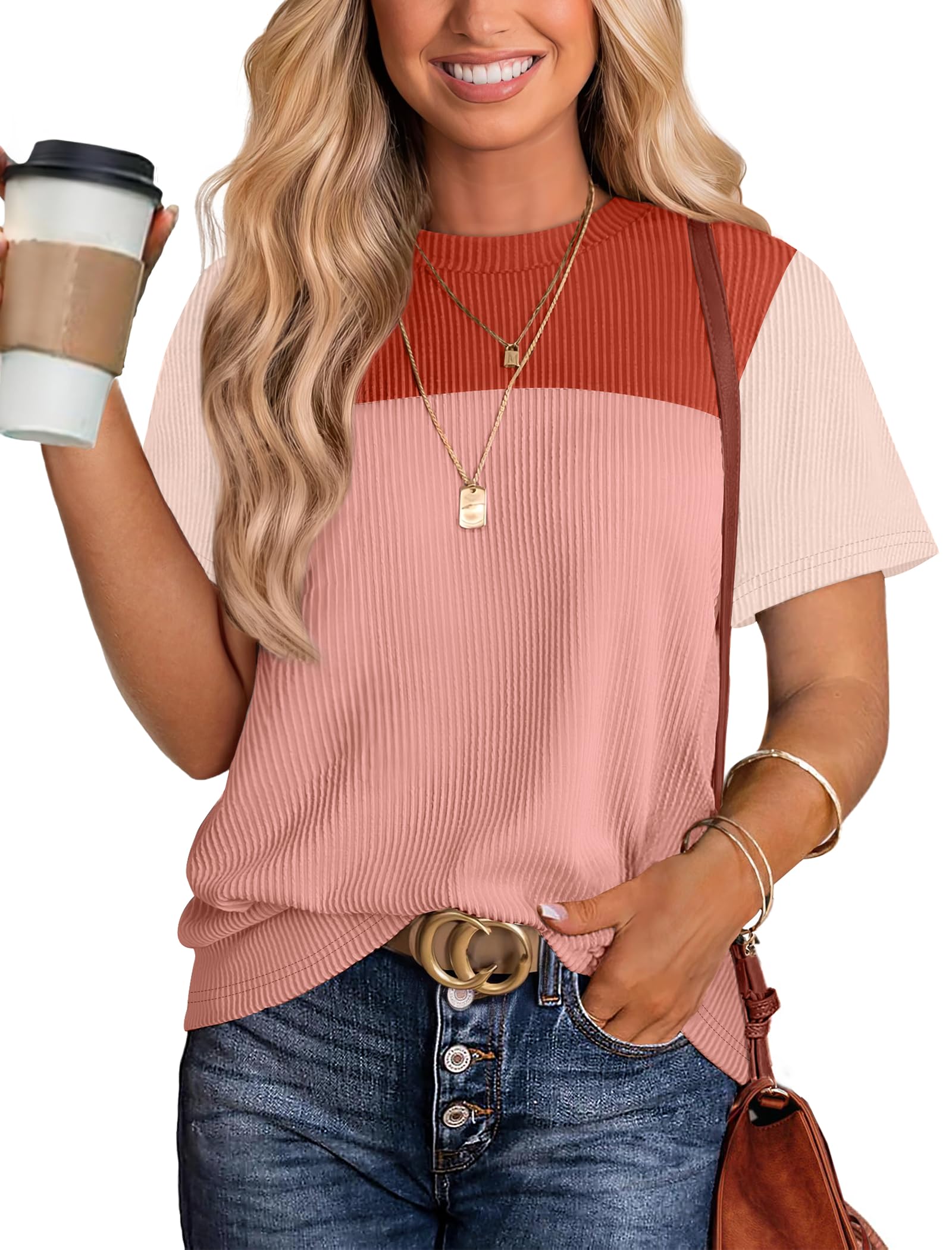 Women's Color Block Knit Shirt Short Sleeve Crewneck Top