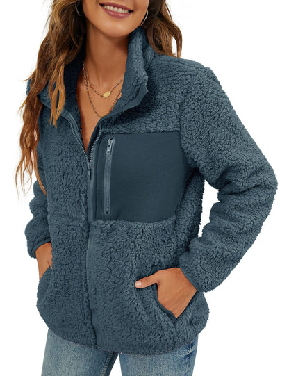 VVK Women's Fashion Faux Shearling Shaggy Full Zip Coats Warm Winter Patchwork Jackets with Pocket