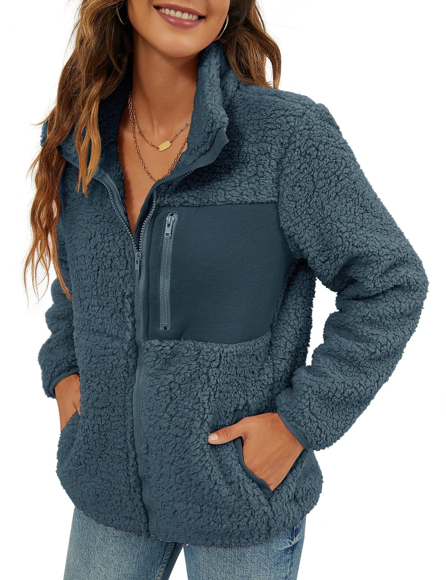 VVK Women's Fashion Faux Shearling Shaggy Full Zip Coats Warm Winter Patchwork Jackets with Pocket