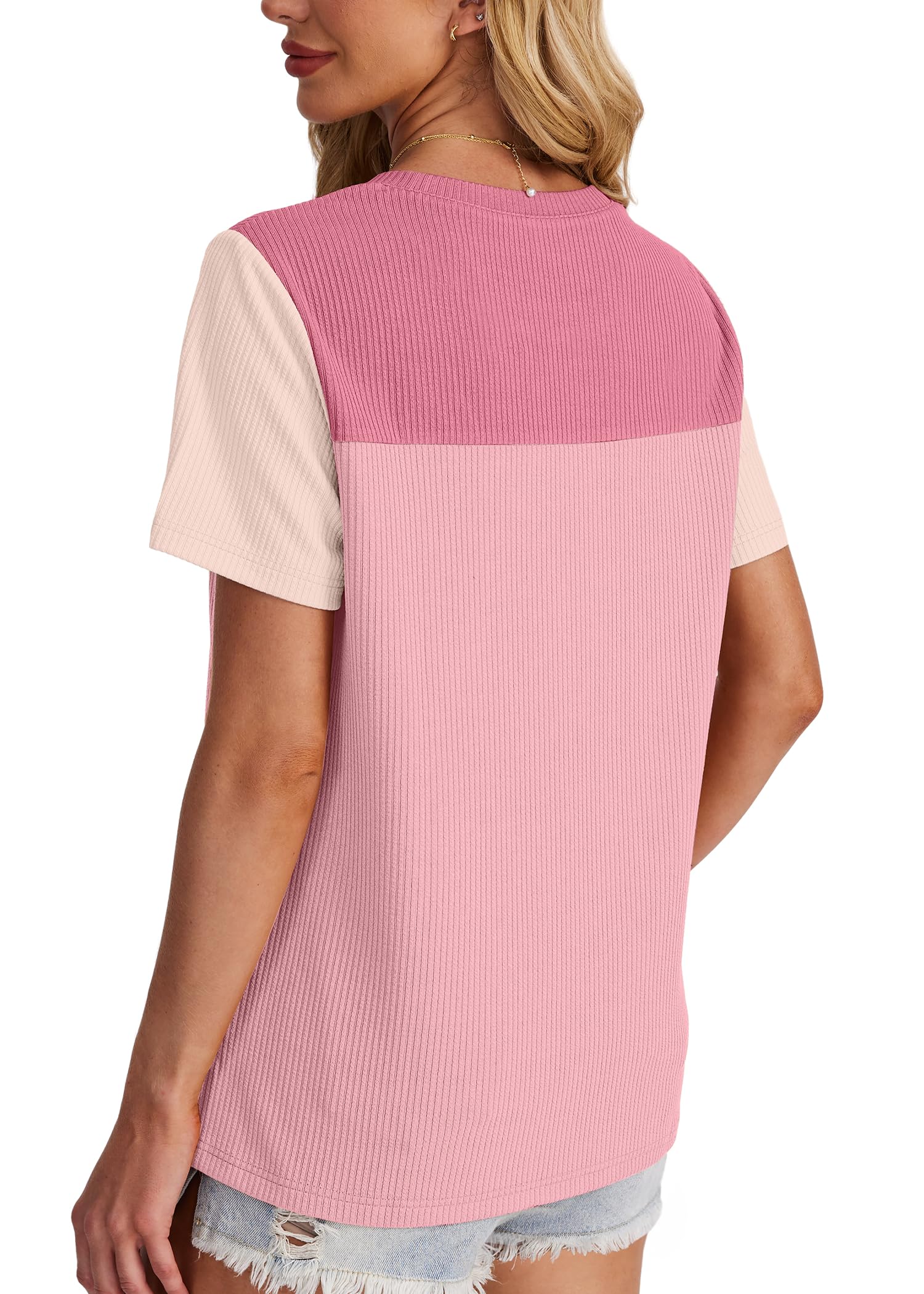 Women's Color Block Knit Shirt Short Sleeve Crewneck Top