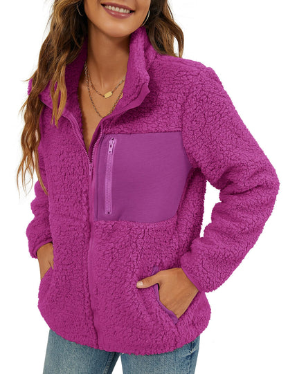 VVK Women's Fashion Faux Shearling Shaggy Full Zip Coats Warm Winter Patchwork Jackets with Pocket