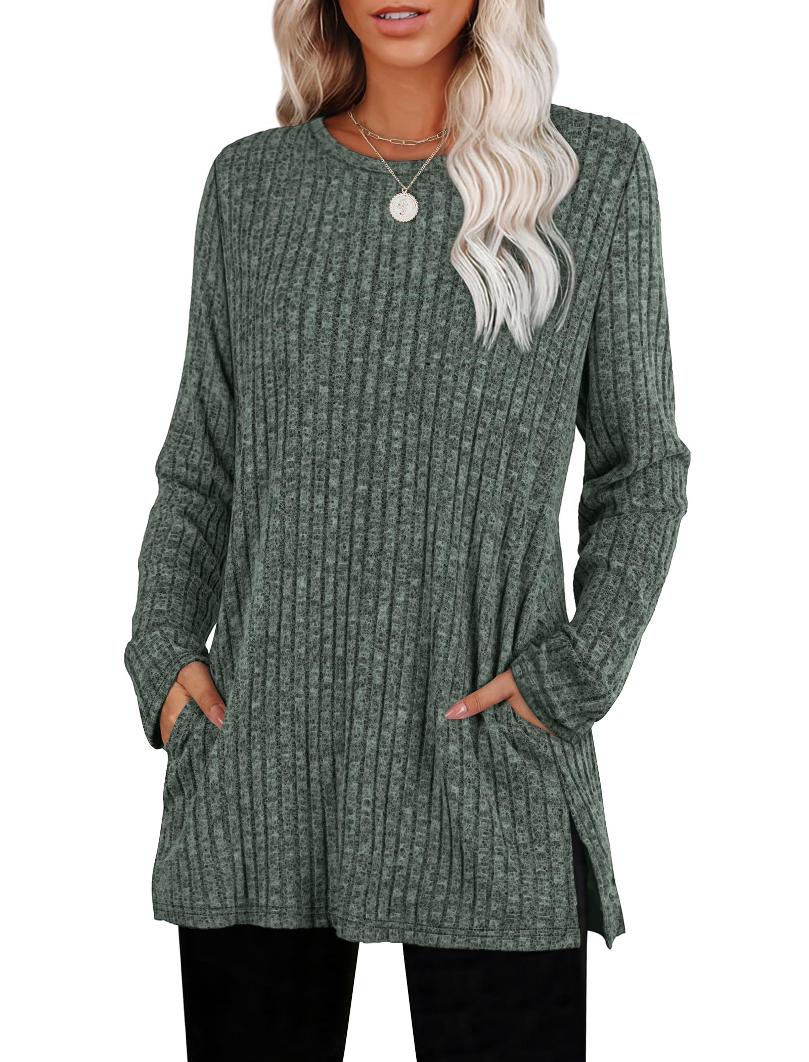 Women's Crewneck Sweater with Pockets - Long Sleeve Tunic Top with Side Slits
