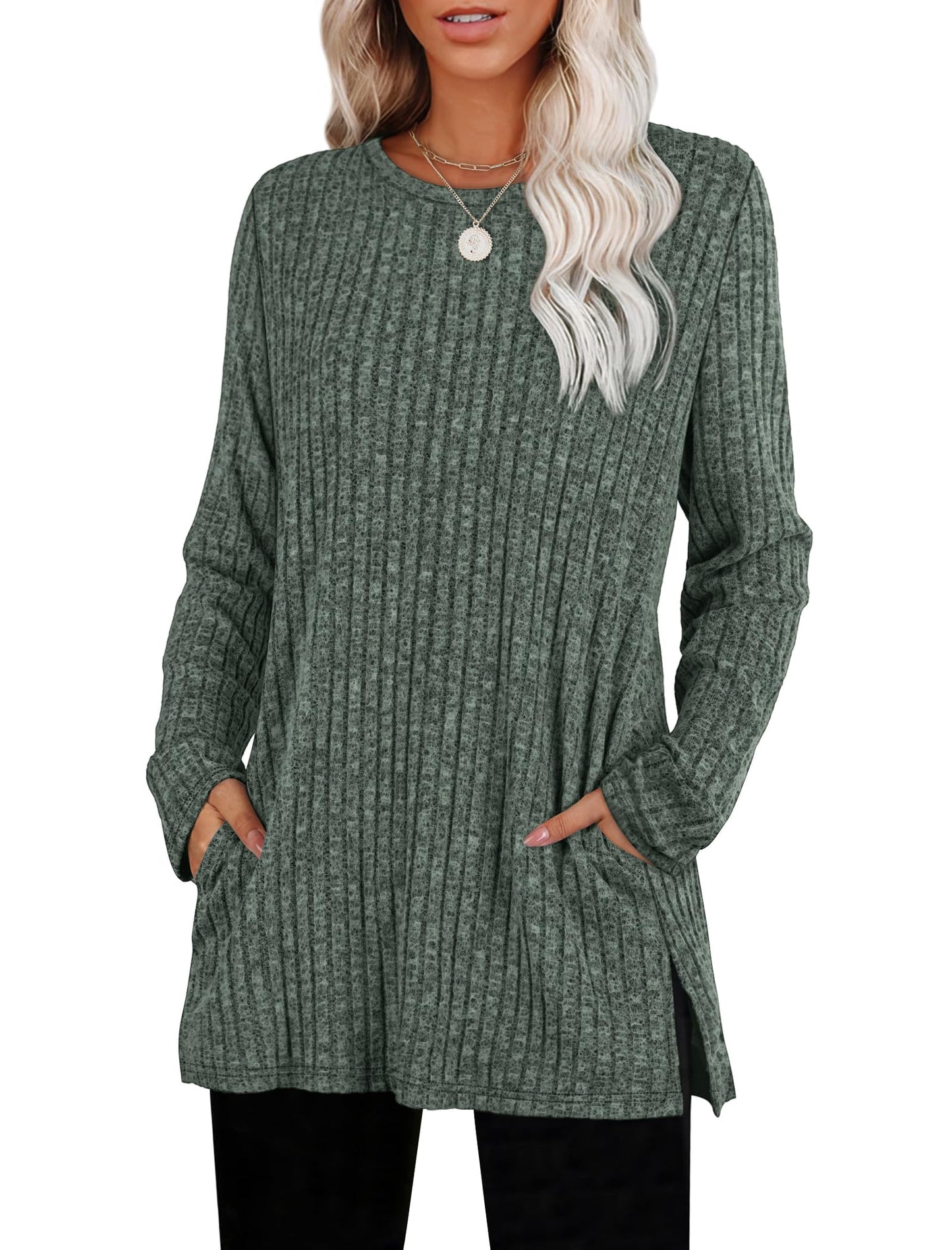 Women's Crewneck Sweater with Pockets - Long Sleeve Tunic Top with Side Slits