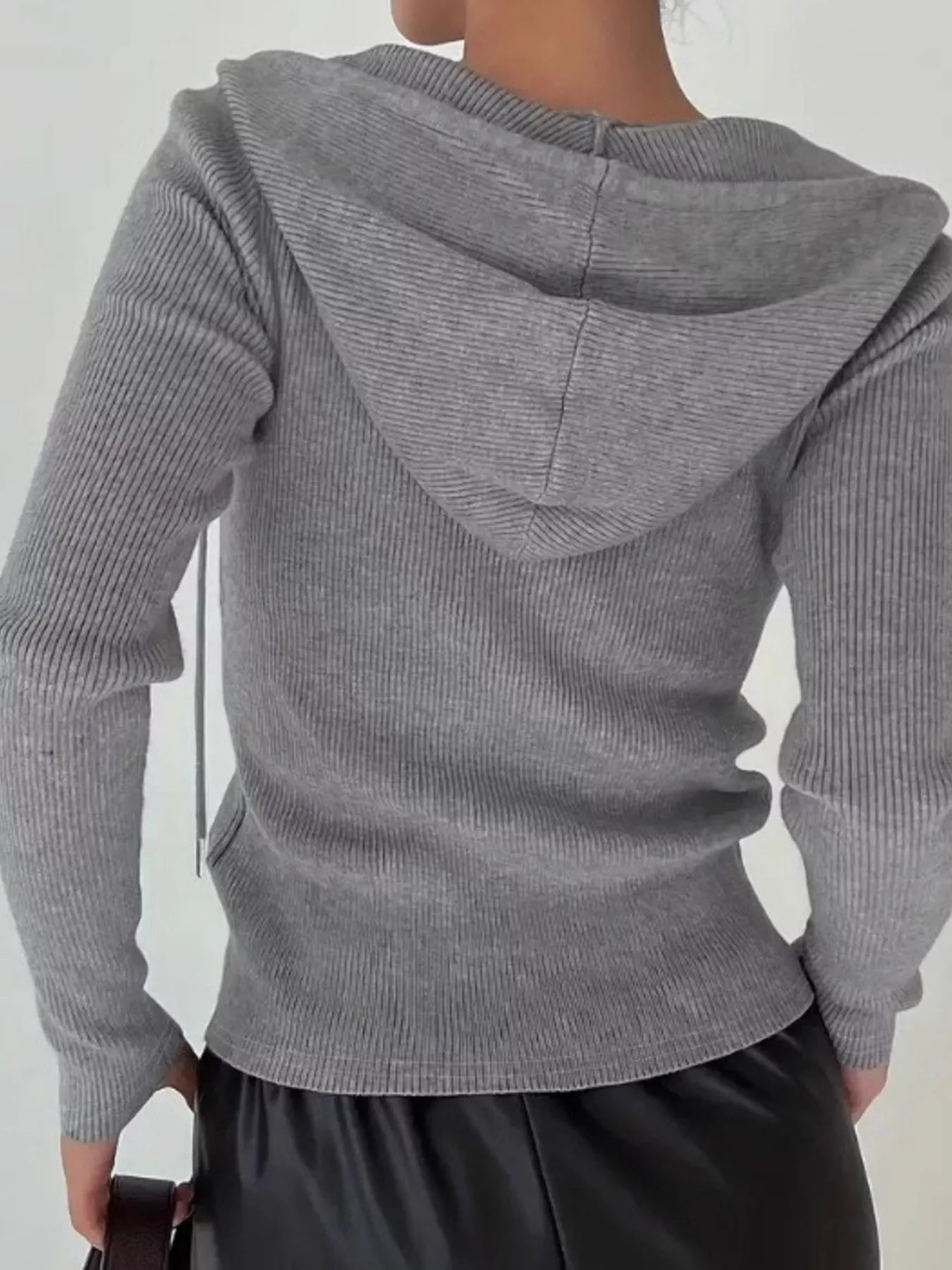 Ribbed Knit Zip-Up Hooded Cardigan