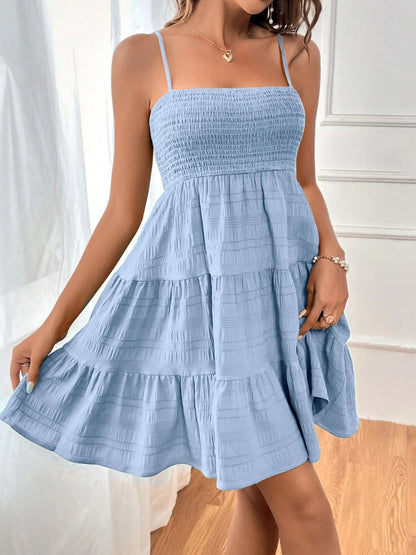 Tiered Smocked Square Neck Cami Dress Light Blue