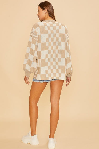 Back To School Sweater - Annie Wear Checkered Open Front Drop Shoulder Cardigan