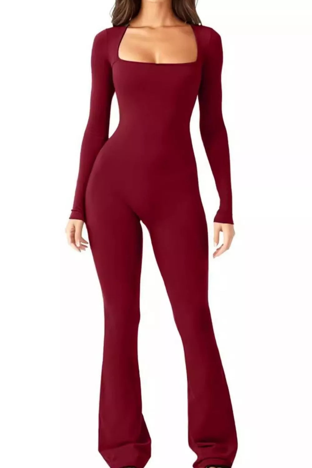 Square Neck Long Sleeve Jumpsuit Burgundy