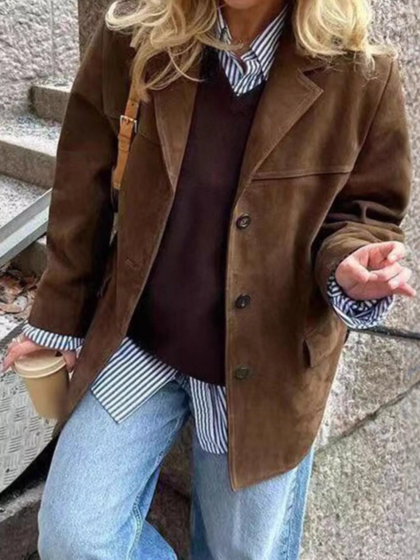 Button Up Long Sleeve Outerwear Brown