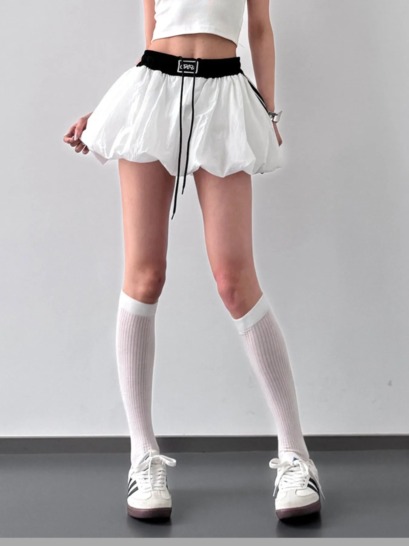 Drawstring Mini Skirt with Contrast Waistband