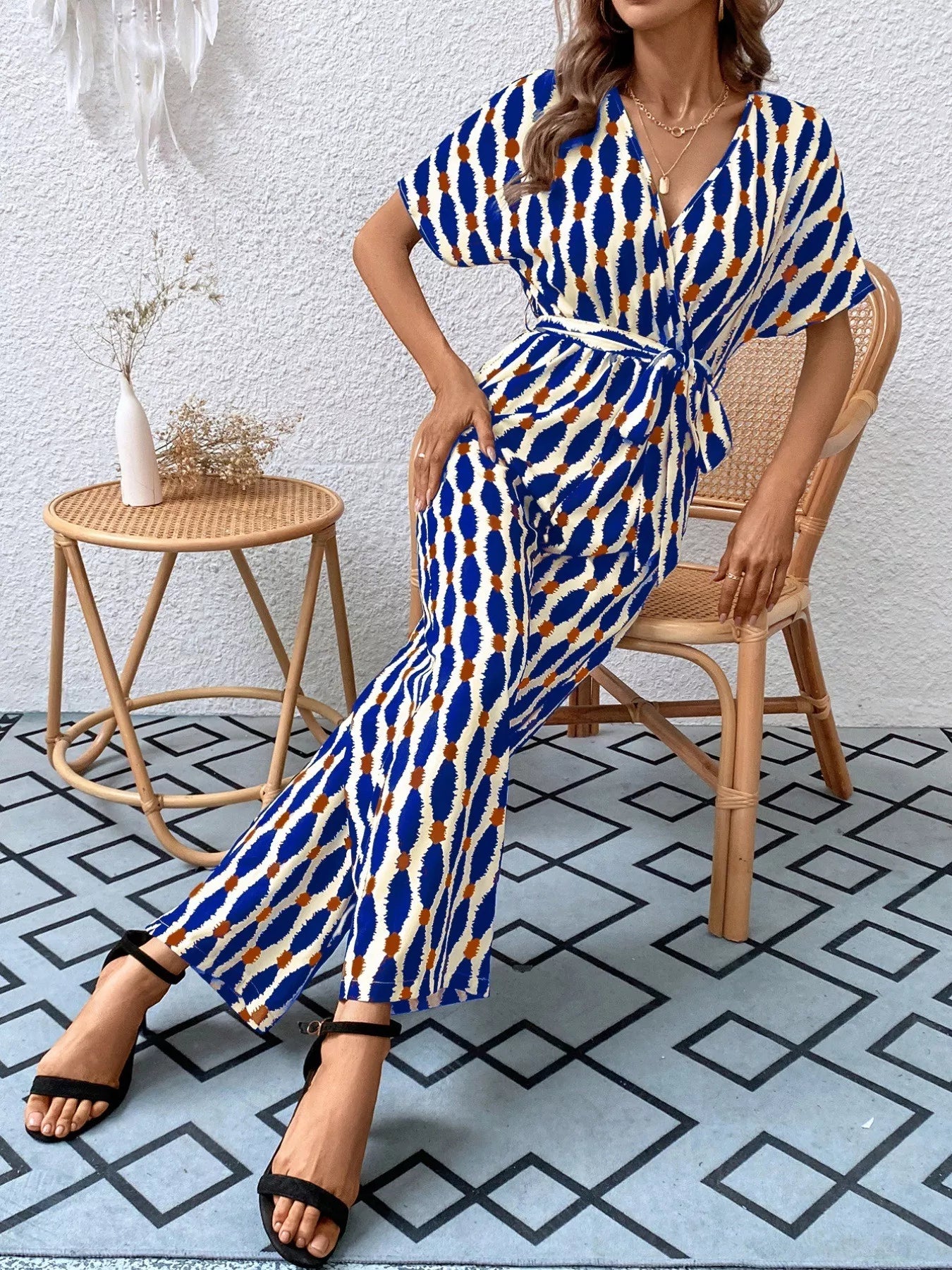 Printed Surplice Tie Waist Short Sleeve Jumpsuit