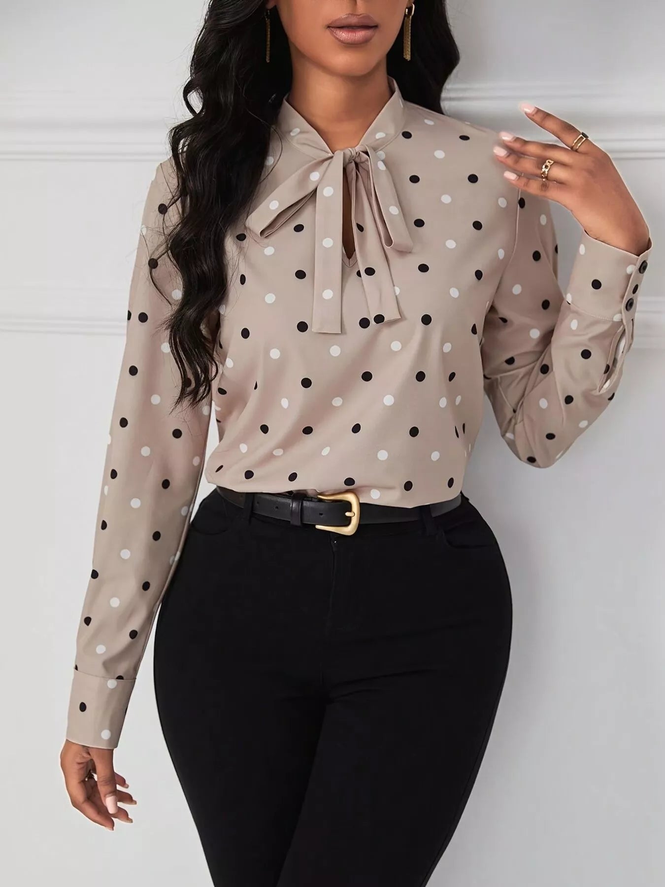 Polka Dot Tie Neck Blouse Dust Storm