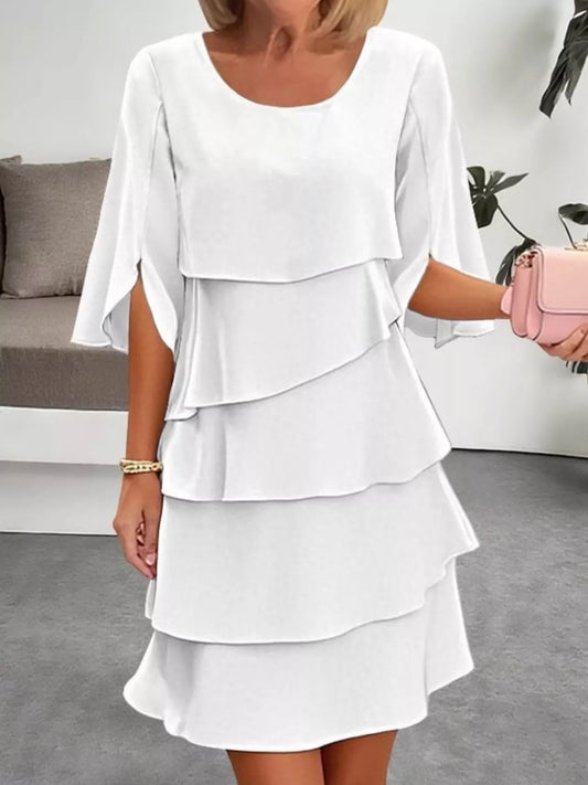 Full Size Ruffled Layered Flutter Sleeve Dress Plus Size White