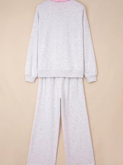 Contrasted Trim Frilled Collar Drop Shoulder Top and Drawstring Pant Set