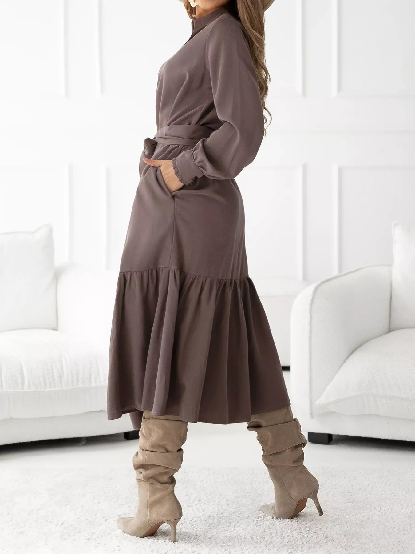 Long Sleeve Tie Waist Ruffle Hem Midi Dress
