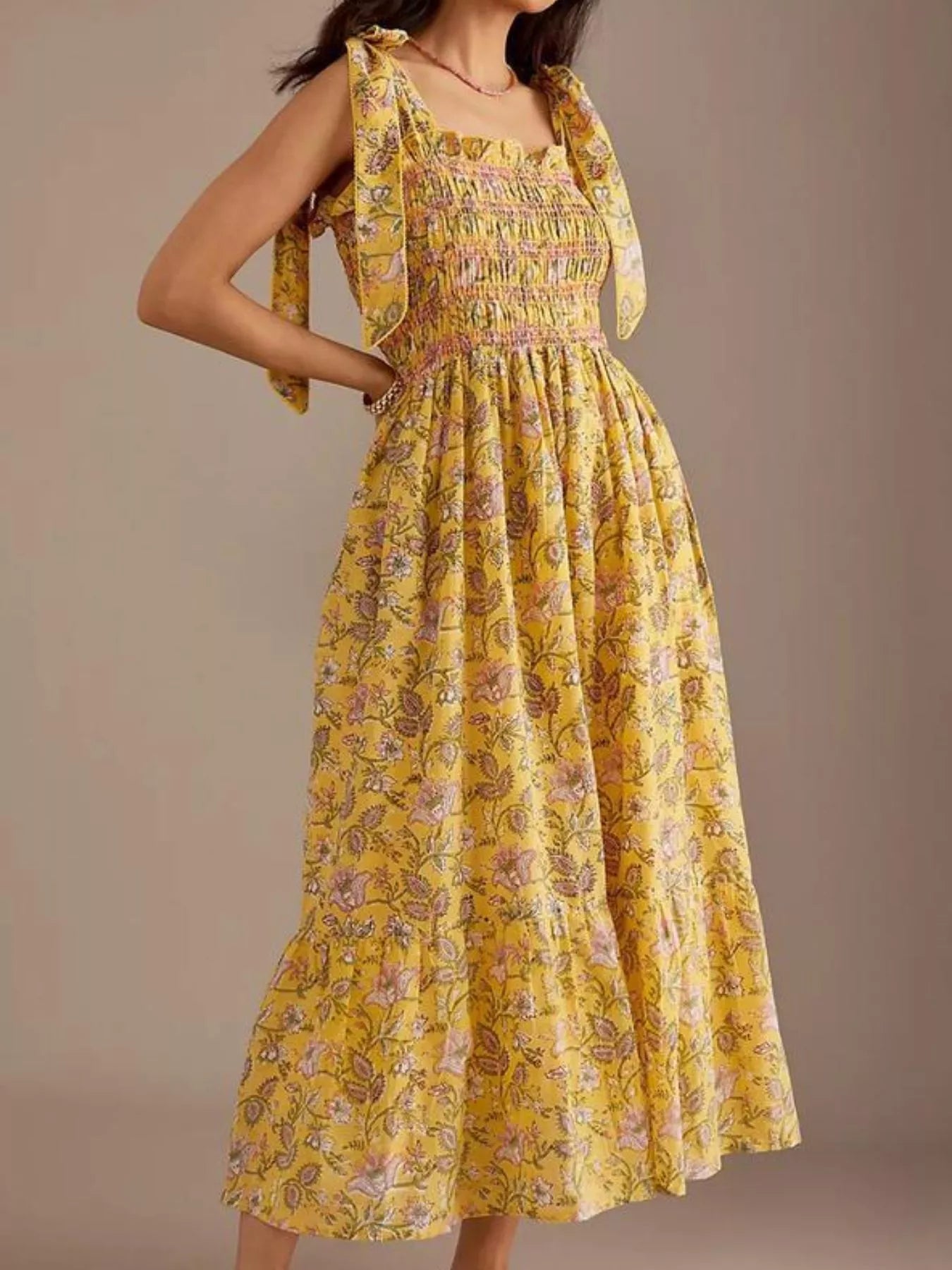 Floral Smocked Tie-Shoulder Midi Dress Gold