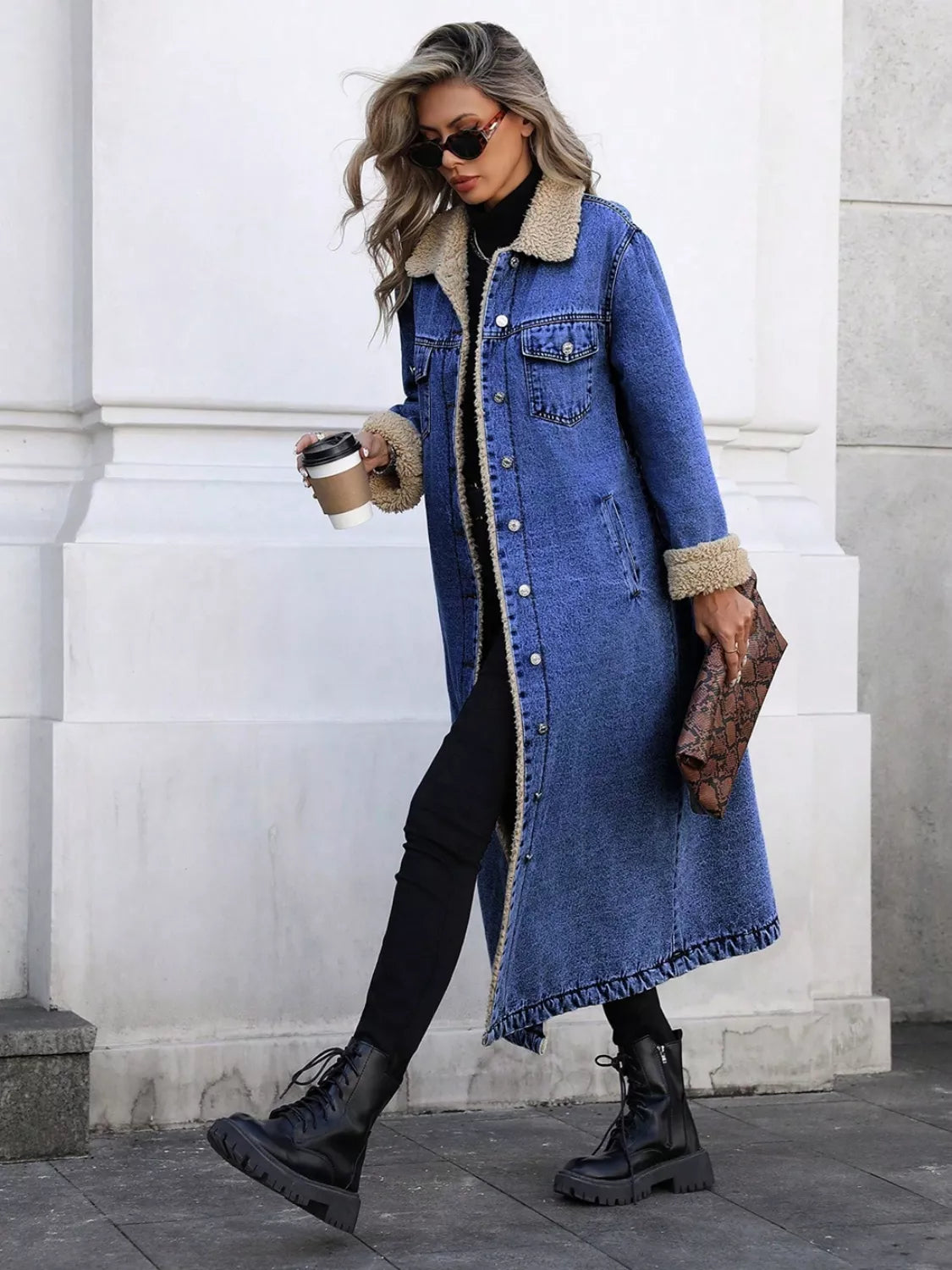 Sherpa Lined Longline Denim Jacket Royal Blue