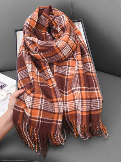 Plaid Tassel Hem Winter Scarf Orange Red One Size