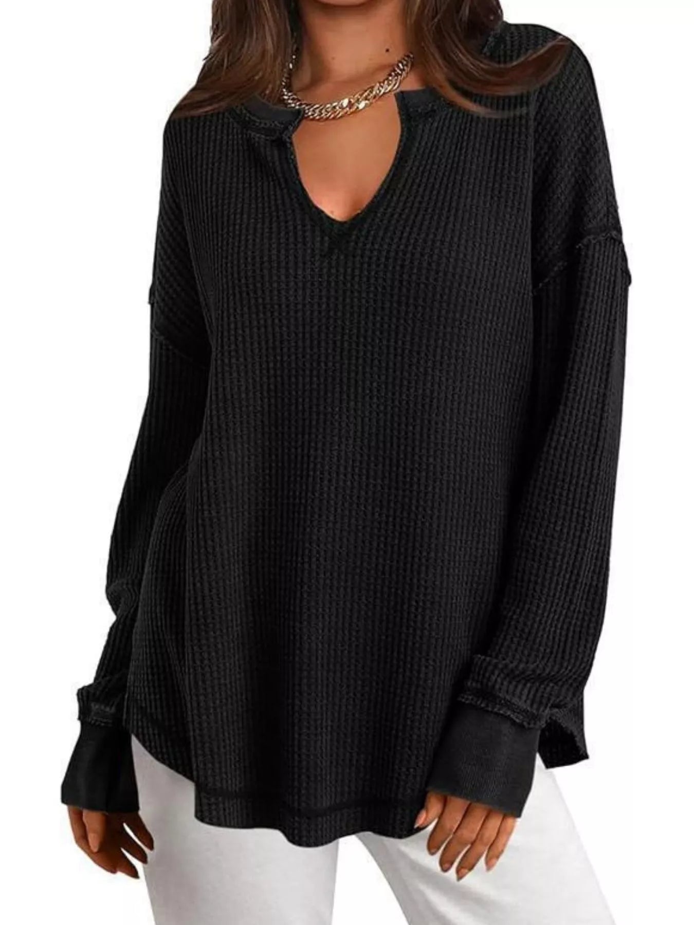 Waffle Knit Long Sleeve Sweatshirt Black