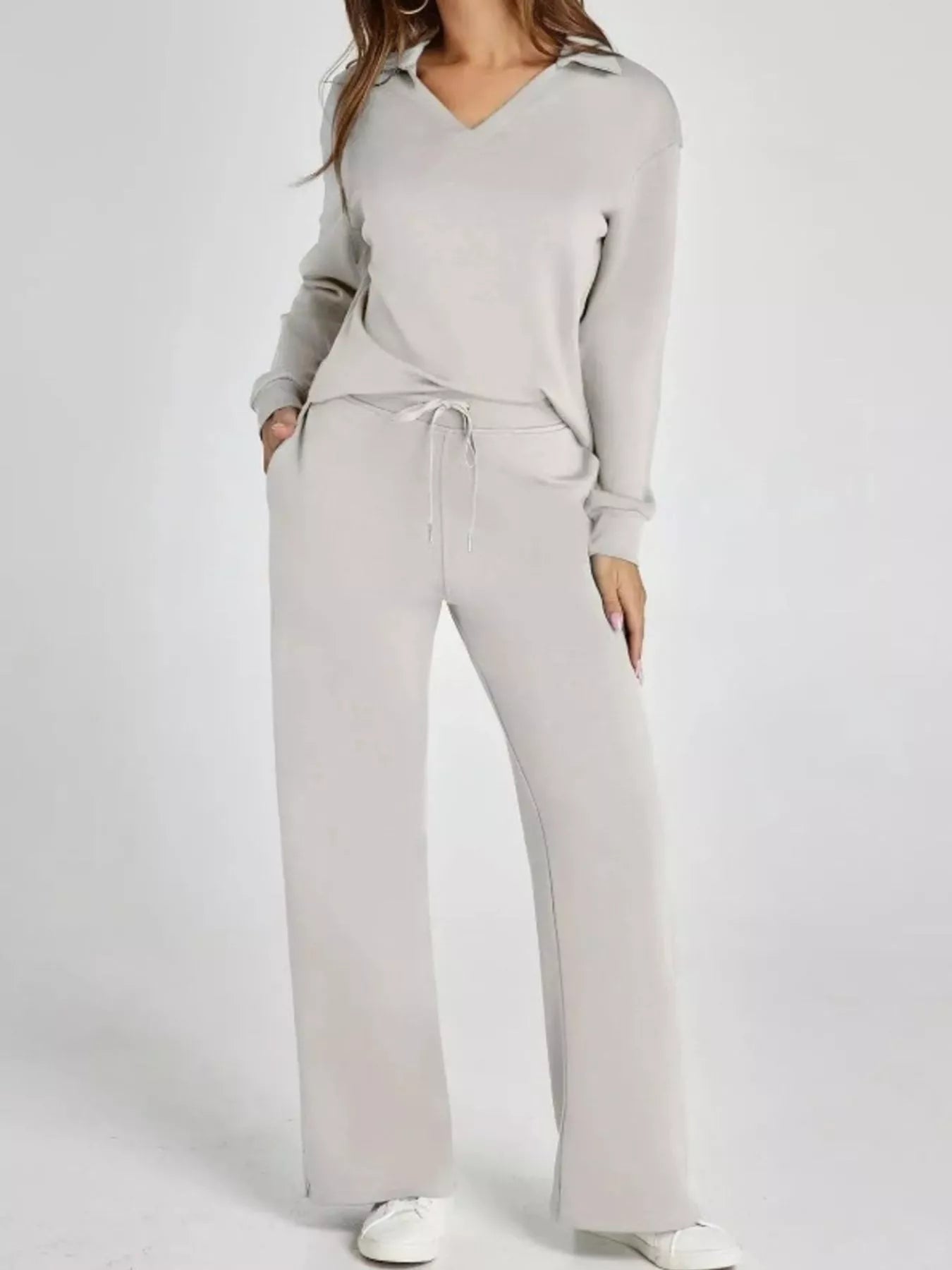 Full Size Johnny Collar Long Sleeve Top and Pants Plus Size Light Gray