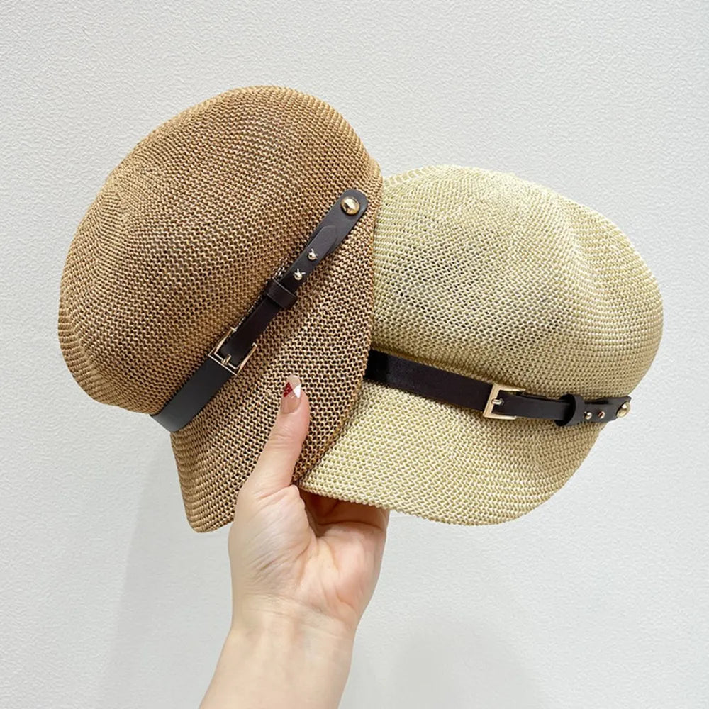 Straw Woven Buckle Hat Khaki One Size
