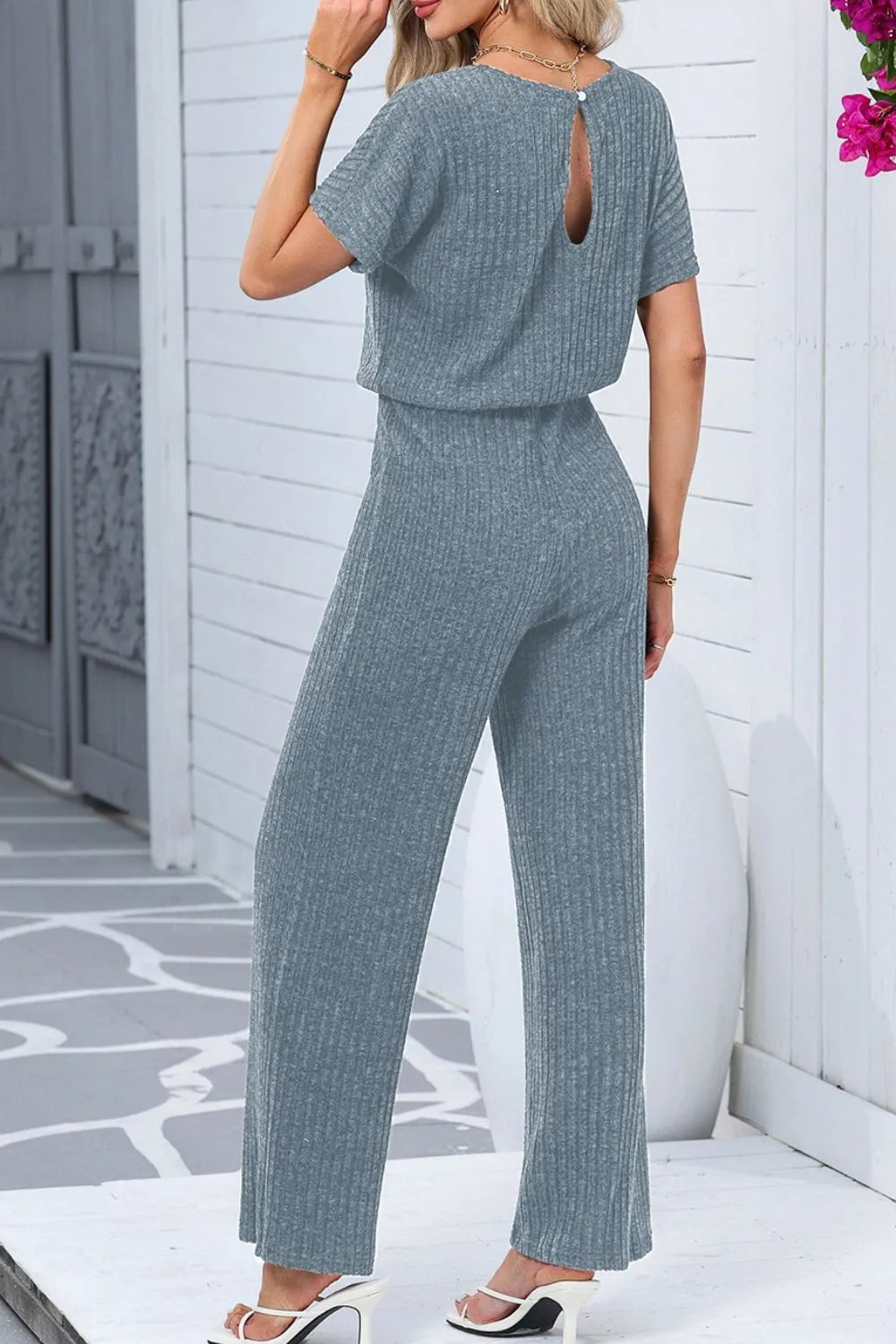 Ribbed Short Sleeve Wide Leg Jumpsuit