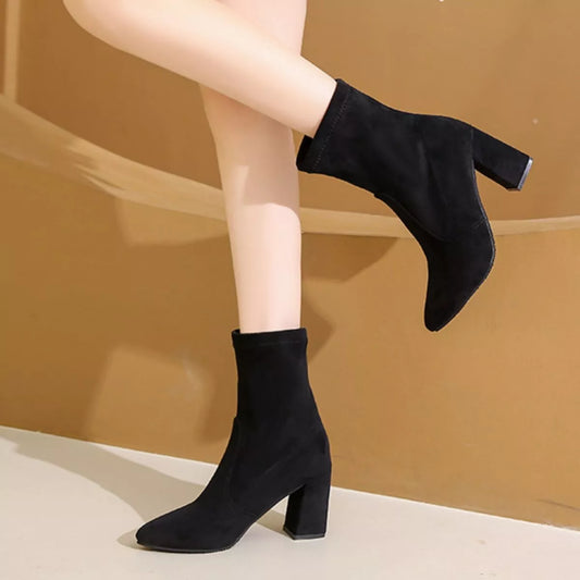 Point Toe Block Heels Boots Black