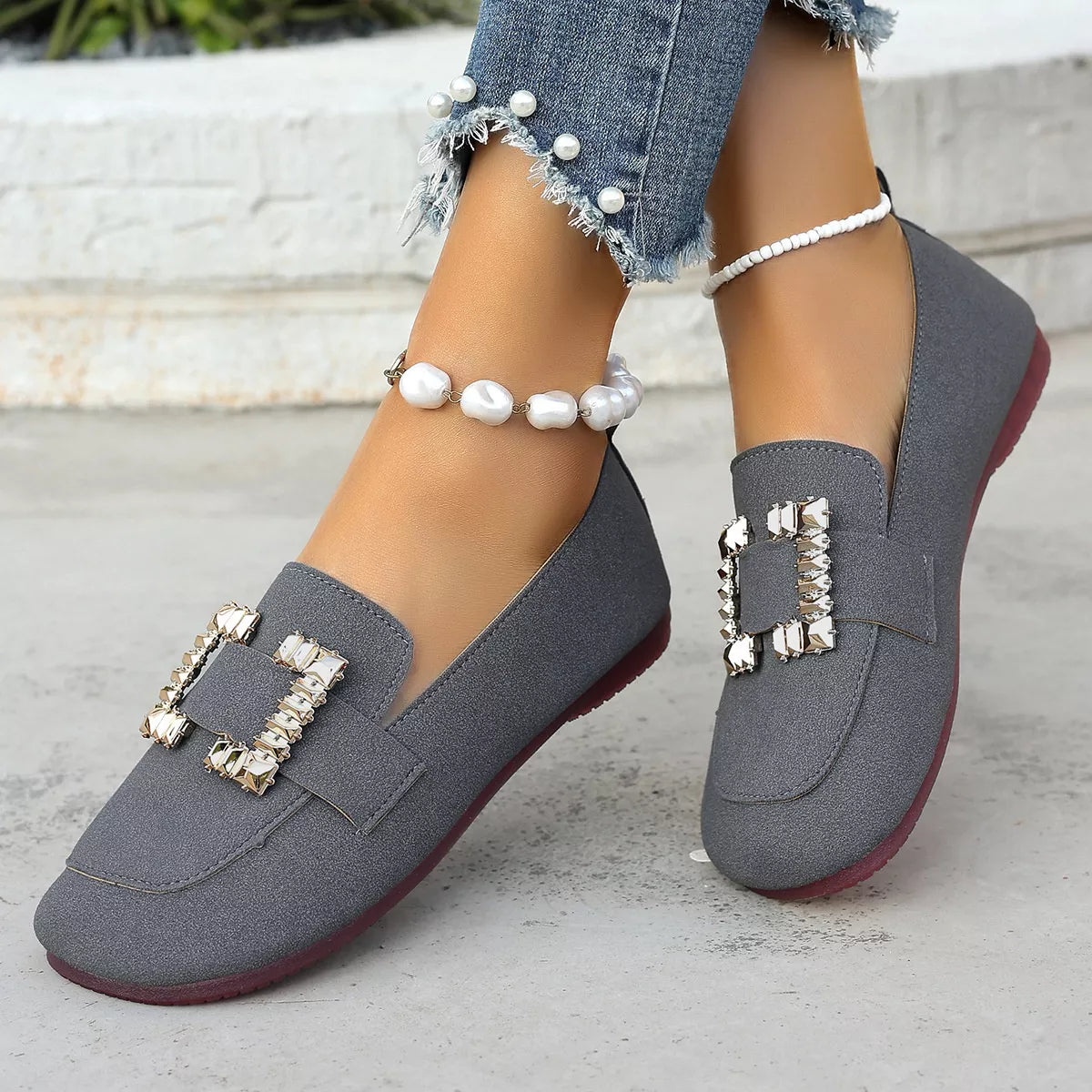 Decor Buckle Round Toe Slip-On Dark Gray