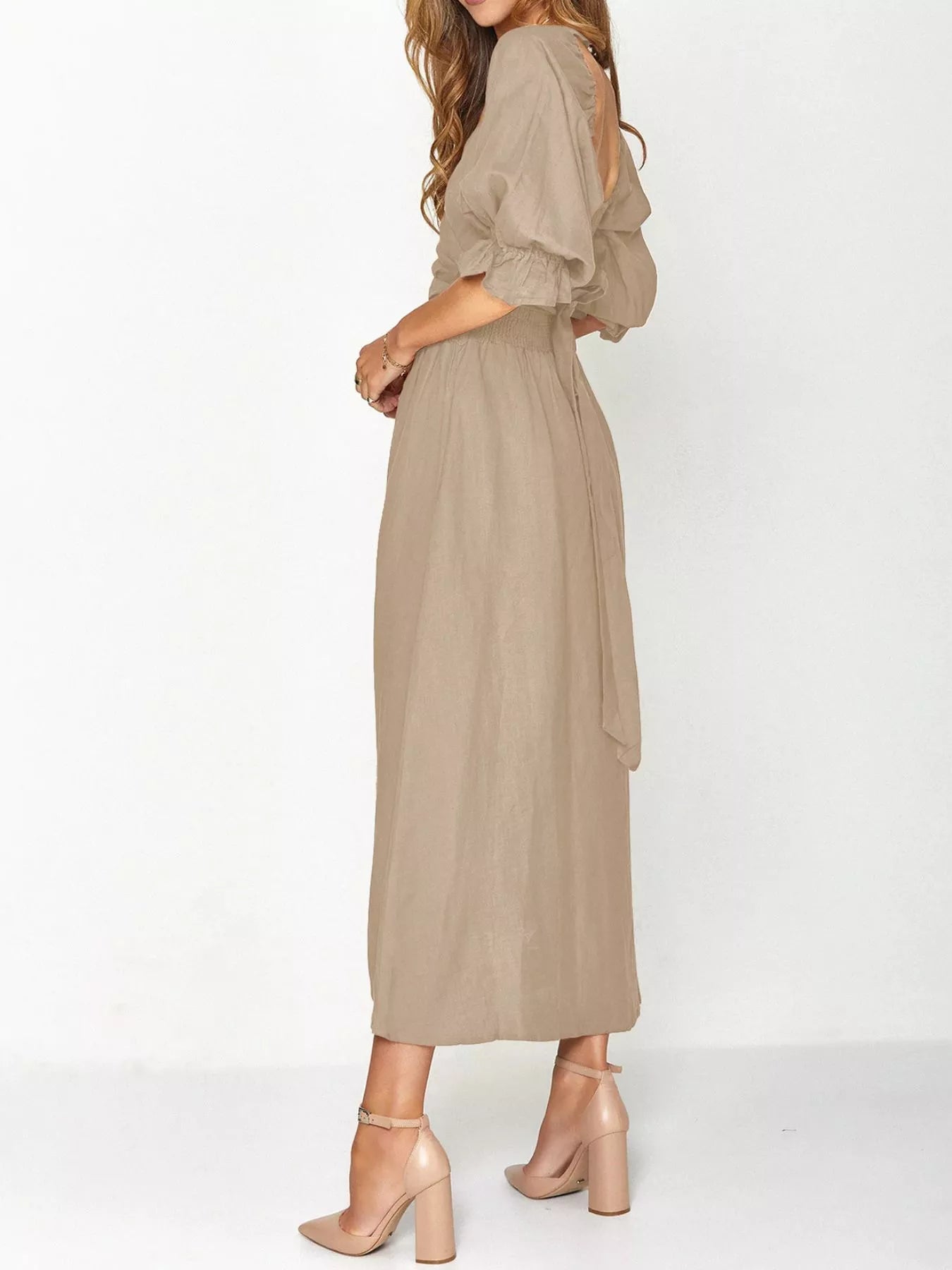 Smocked Puff Sleeves Midi Dress